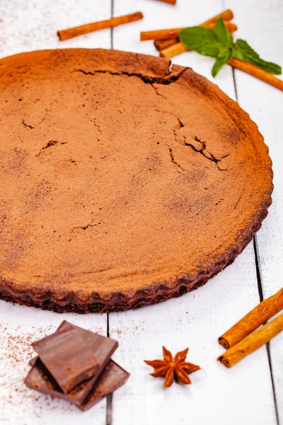 Chocolate Pie Cinnamon Wooden Rustic Table Close — Stock Photo, Image