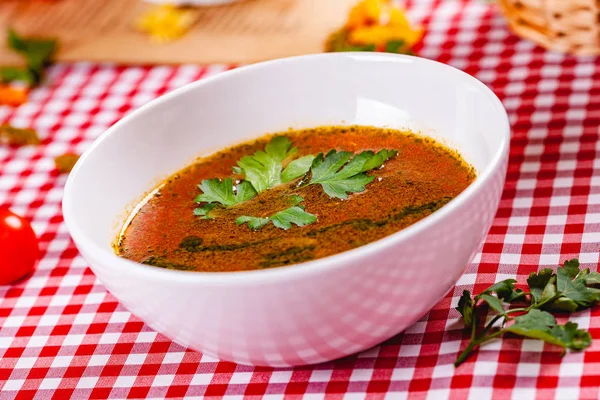 Gemüsesuppe Mit Pesto Sauce Weißer Schüssel Nahaufnahme — Stockfoto