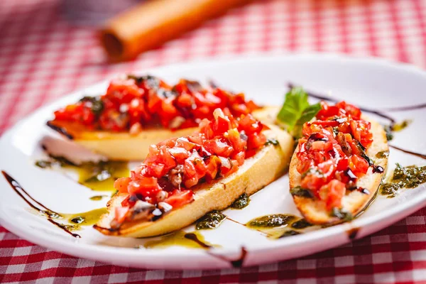 Traditional Italian Bruschetta Cherry Tomatoes Pesto Sauce Balsamic Vinegar White — Stock Photo, Image