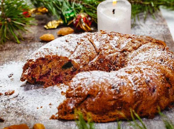 Traditional Christmas Cake Dried Fruits Raisins Nuts Wooden Background Close — Stock Photo, Image