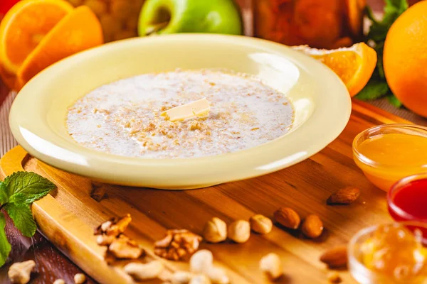 Oatmeal Porridge Nuts Jam Fruits Wooden Board — Stock Photo, Image