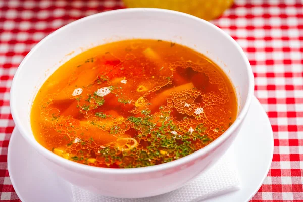 Italienische Minestrone Suppe Mit Pasta Und Gemüse Nahaufnahme — Stockfoto