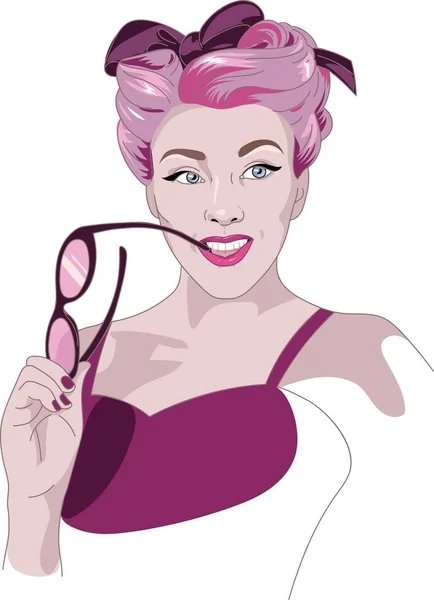 Пинап Женщина Красочными Розовыми Волосами Держа Солнцезащитные Очки Белом Фоне — стоковое фото