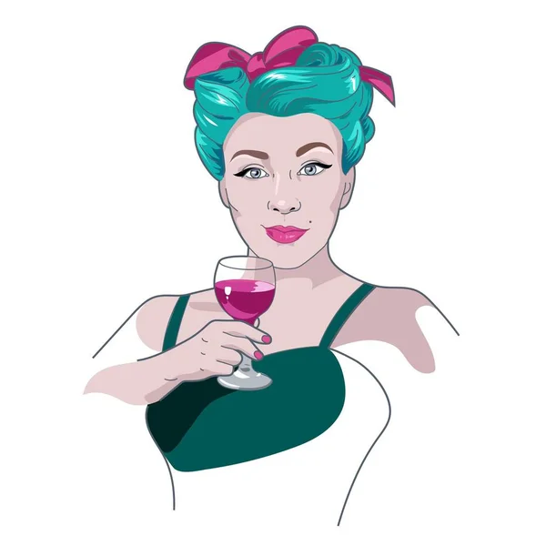 Pin Woman Colorful Green Hair Drinking Glass Wine White Background — Stock Photo, Image