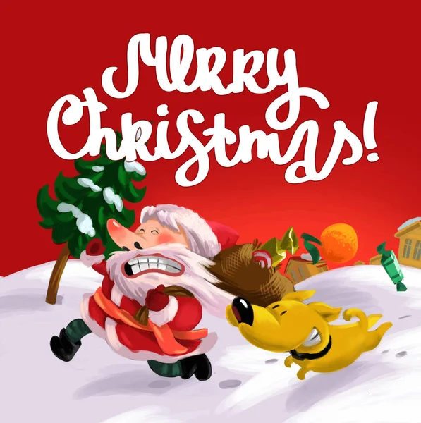 Santa Claus Červeném Obleku Žlutým Psem Běžícím Červeném Pozadí — Stock fotografie
