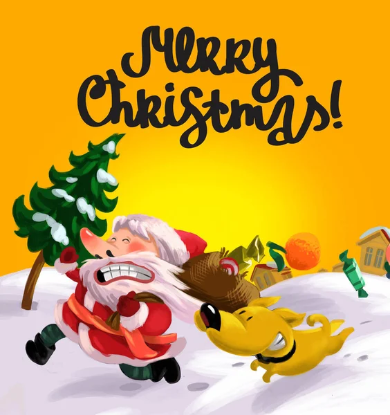 Święty Mikołaj Czerwonym Kolorze Żółtym Psem Działającym Żółtym Tle — Zdjęcie stockowe