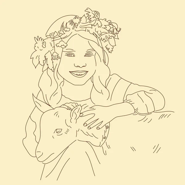 ベージュの背景にヤギと花の花輪の輪郭の女の子 — ストック写真