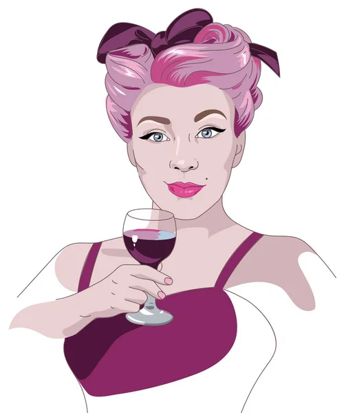 白い背景にワインのグラスを飲むカラフルなピンクの髪を持つピンナップ女性 — ストック写真