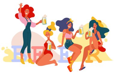 Renkli arka planda bira ile eğlenen neşeli genç arkadaşlar 