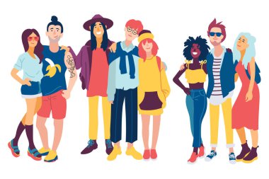 Beyaz arka plan üzerinde izole düz tarzda insanların renkli çeşitli grup