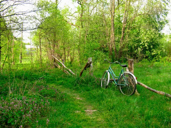 Una Vieja Bicicleta Época Apoya Contra Una Cerca Rota Ciclista — Foto de Stock
