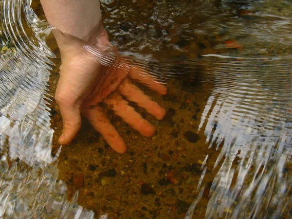 A person connects with nature, with a river, with water, immersing his hand in the cold stream of a creek. Through the transparent surface of the water you can see the open palm.