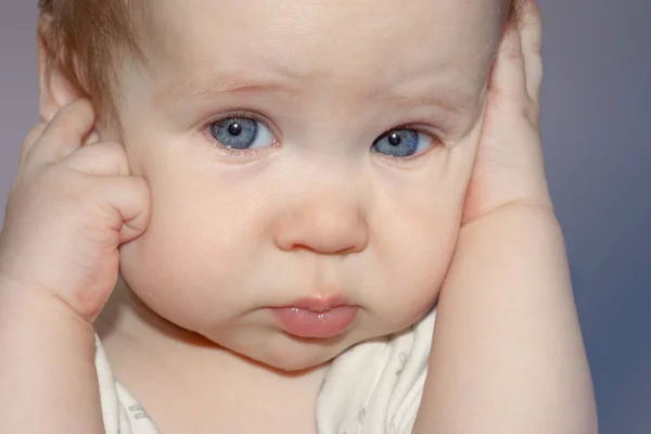 Sleepy Tired Child Close Baby Put His Finger His Ear — Stock Photo, Image
