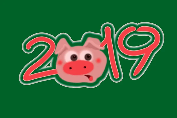 A quick simple sketch, postcard, sketch, sketch for an invitation to celebrate the new year. The number 2019 with the head of a cute surprised pig instead of the number 0.