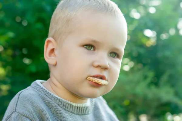 幼儿的小男孩在户外玩耍后饿了 这孩子吃一块干面包 然后和食物一起涉足 那孩子用牙齿拿着筹码 — 图库照片