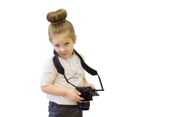 Elegantní Holčička Obchodním Oděvu Rukou Reflexní Kameru Dítě Naučí Obtížnou — Stock fotografie