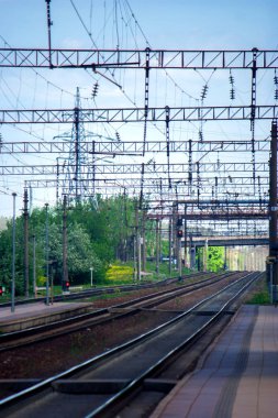Çiçekli karahindiba lar zamanında yaz aylarında üzerlerindeki boş demiryolu rayları ve karayolu köprüsünün genel görünümü.