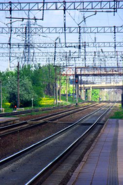 Çiçekli karahindiba lar zamanında yaz aylarında üzerlerindeki boş demiryolu rayları ve karayolu köprüsünün genel görünümü.