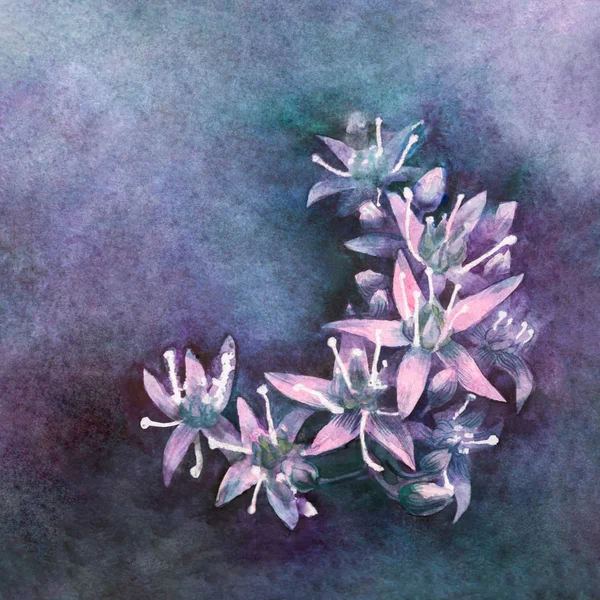 Bukiet Pięknych Małych Fluorescencyjnych Kwiatów Ułożone Kolejce Akwarela Kartka Okolicznościówka — Zdjęcie stockowe