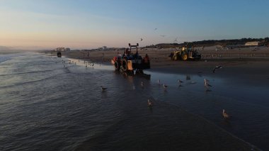 Costa da Caparica, Portekiz 22 Ağustos 2025: Balıkçılar gün batımında okyanustan ağlar, plajda traktörler ve botlar çekiyor, insanlar avı izliyor, martılar yukarıda uçuyor. Yerel balıkçılık endüstrisi. Havadan