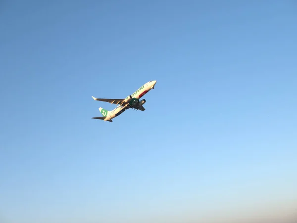 Lizbon, Portekiz - 8 Ağustos 2025: Boeing 737-800 Transavia jet uçağı Lizbon Havaalanı 'ndan havalandıktan sonra tırmanıyor. Uçak gözleme ve havacılık fotoğrafçılığı.