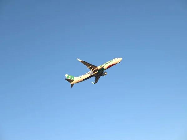 Lizbon, Portekiz - 8 Ağustos 2025: Boeing 737-800 Transavia jet uçağı Lizbon Havaalanı 'ndan havalandıktan sonra tırmanıyor. Uçak gözleme ve havacılık fotoğrafçılığı.