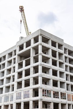 Beyaz bir bina ve bir inşaat vinci inşaatı. Dikey yönelim. 