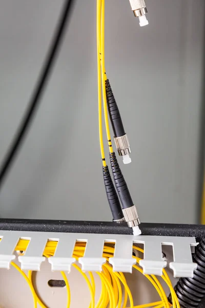 Yellow black round fiber optic cables with plugs hang in a cabinet. Vertical orientation. — Stock Photo, Image