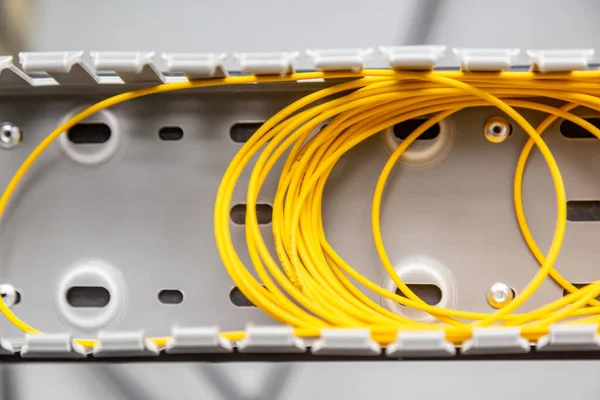 Yellow fiber optic cables coiled into a spool in an organizer. Horizontal orientation. — Stock Photo, Image