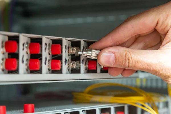 Un hombre inserta un cable de fibra óptica amarillo en un interruptor. Las manos cerca. Orientación horizontal. —  Fotos de Stock