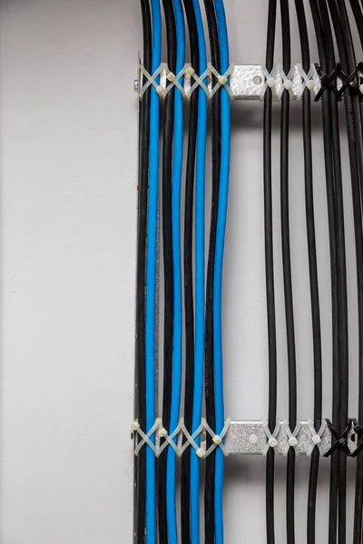 The black and blue cable wires are symmetrically secured with white cable ties to the metal cable tray, ladder on a white background. Cable management. Vertical orientation.