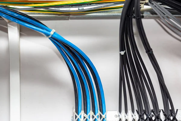 The black and blue cable wires are symmetrically secured with white cable ties to the metal cable tray, ladder on a white background. Cable management. Horizontal orientation.