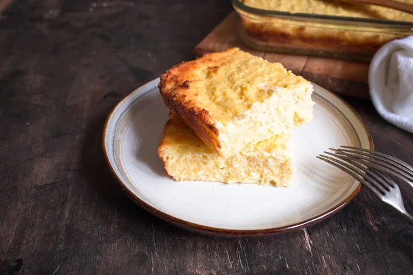 cottage cheese casserole piece on a plate/