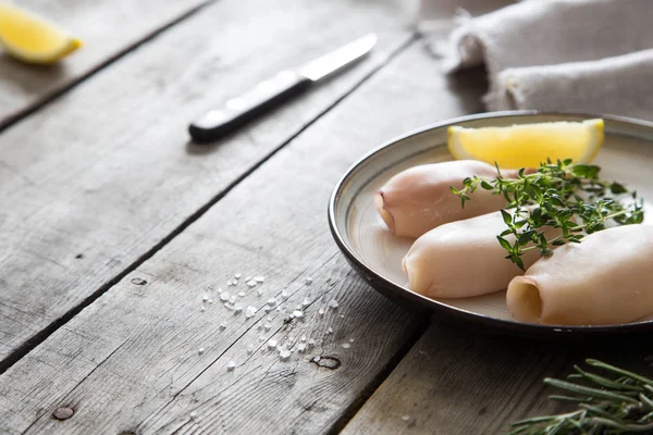 Beredning Bläckfisk Och Ingredienser Bordet — Stockfoto