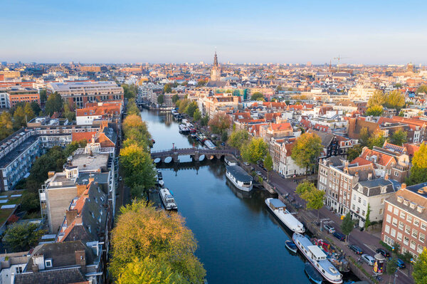 Panoramic aerial view of Amsterdam, Netherlands. View over historic part of Amsterdam/