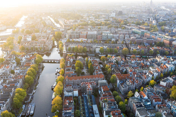 Panoramic aerial view of Amsterdam, Netherlands. View over historic part of Amsterdam/