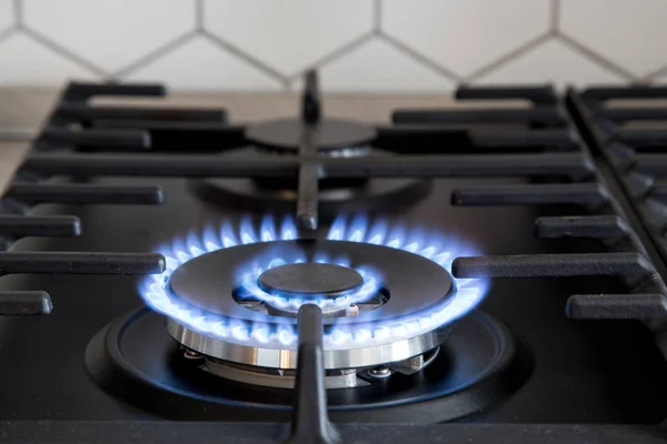 Natural gas burning on kitchen gas stove in the dark. Panel from steel with  a gas ring burner on a black background, close-up shooting Stock Photo by  ©bilanol.i.ua 184789904