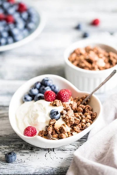 Yogur griego, arándanos, frambuesas y granola en un bo blanco —  Fotos de Stock
