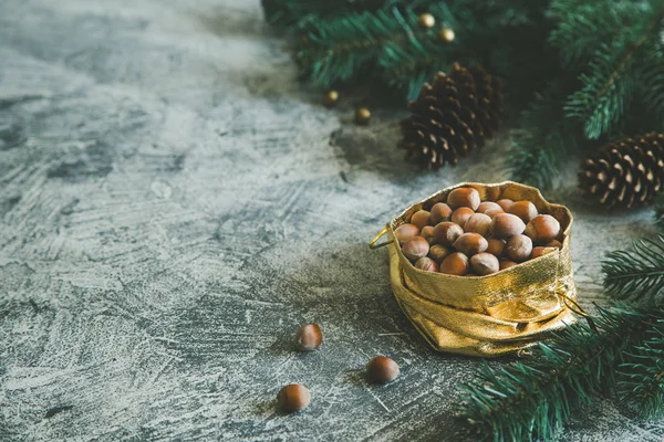 Composição de Natal com nozes, cones, paus de canela — Fotografia de Stock