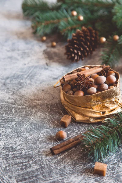 Рождественская композиция с орехами, шишками, коричными палочками — стоковое фото