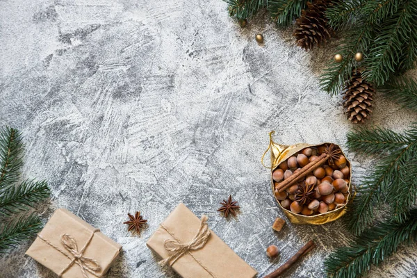 Рождественская композиция с орехами, шишками, коричными палочками — стоковое фото