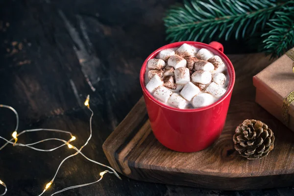 Christmas drink. Hot chocolate or cocoa, marshmallow and pine br — Stock Photo, Image