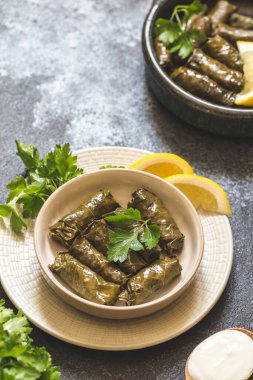 Dolma - Doldurulmuş Yunan şarap yaprakları (dolmades) gri beton arka planda