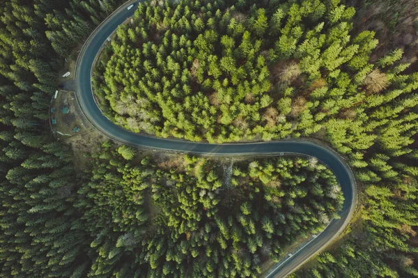 Zakřivená Letecká Cesta Dronu Lesní Asfaltová Cesta Horách Poblíž Smrku — Stock fotografie