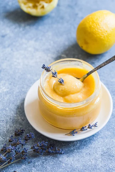 Coalhada Limão Caseira Jarro Delicioso Creme Limão Geléia Para Lanche — Fotografia de Stock