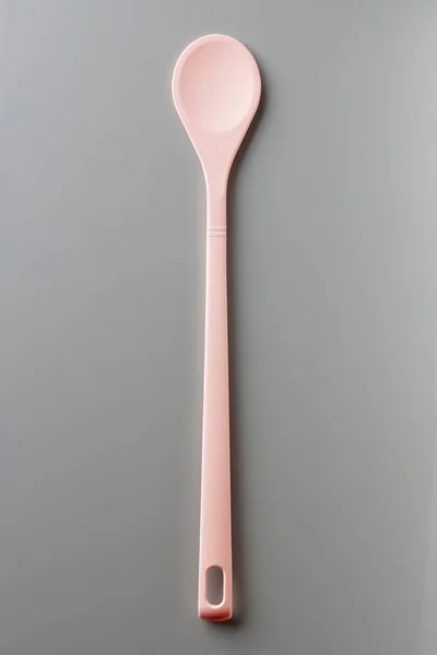 Pink Silicone Spoon Grey Background Top View — Stock Photo, Image