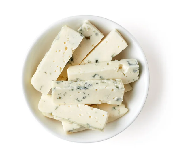 ブルー チーズ スライス上面白い背景で隔離のボウル — ストック写真