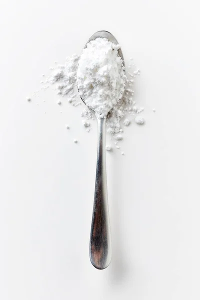 Κουτάλι Ζάχαρη Σκόνη Που Απομονώνονται Λευκό Φόντο Top View — Φωτογραφία Αρχείου