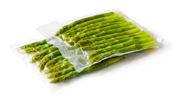 Fresh Asparagus Vacuum Sealed Rady Sous Vide Cooking Isolated White — Stock Photo, Image