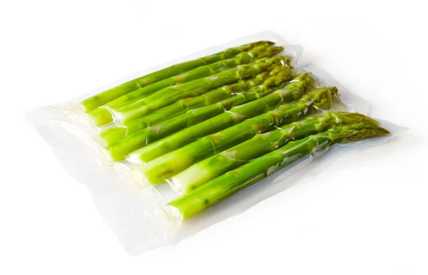 Fresh Asparagus Vacuum Sealed Rady Sous Vide Cooking Isolated White — Stock Photo, Image